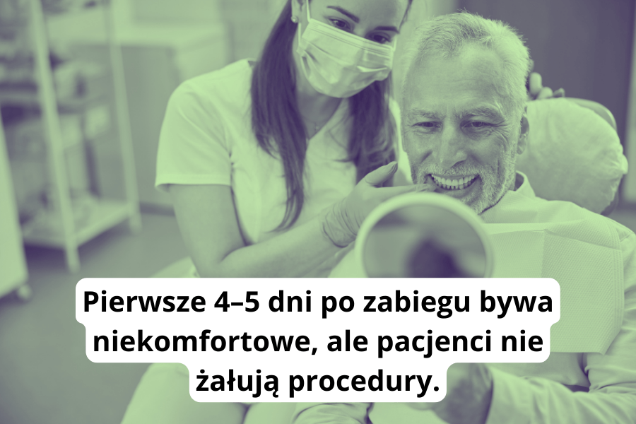 Pierwsze 4–5 dni po zabiegu bywa niekomfortowe, ale pacjenci nie żałują procedury.